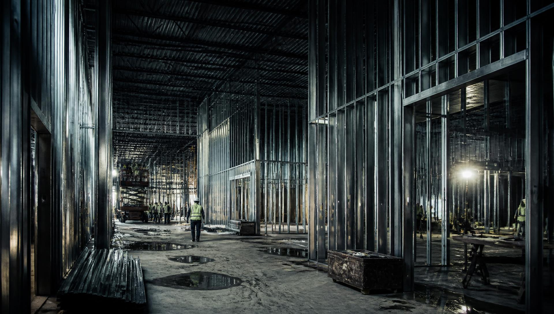 Metal stud framing inside a large commercial building under construction