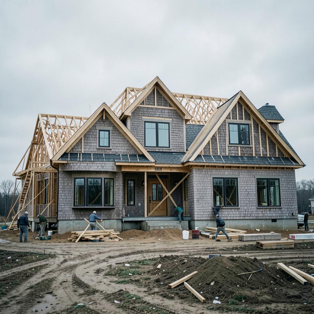 Large custom shingle-style home at the framing stage