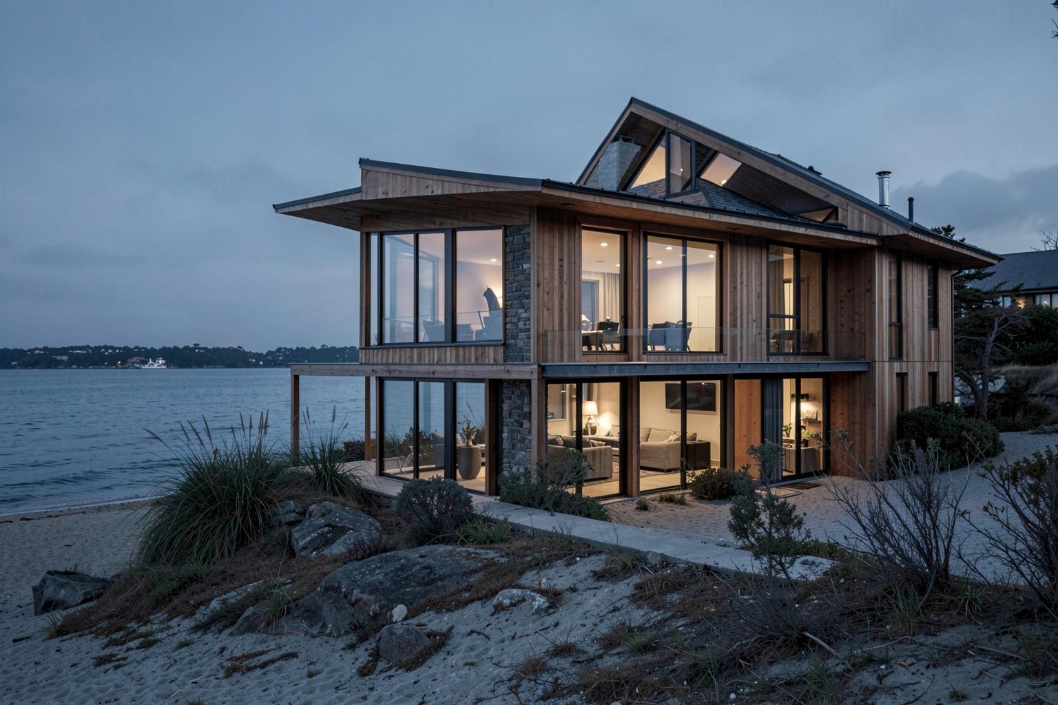 Modern waterfront home with cedar cladding and glass walls at dusk